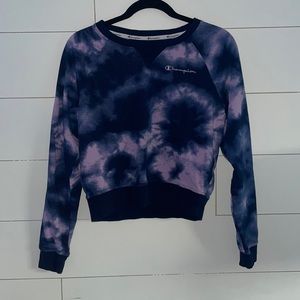 Champion Crew Neck Long Sleeve Crop Tie Dye Sweatshirt Dark Blue/Purple S #0098